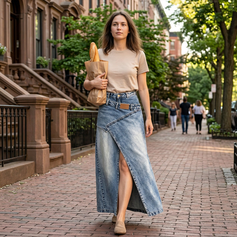 Iliza - Gonna In Denim Asimmetrica a Strati Con Spacco