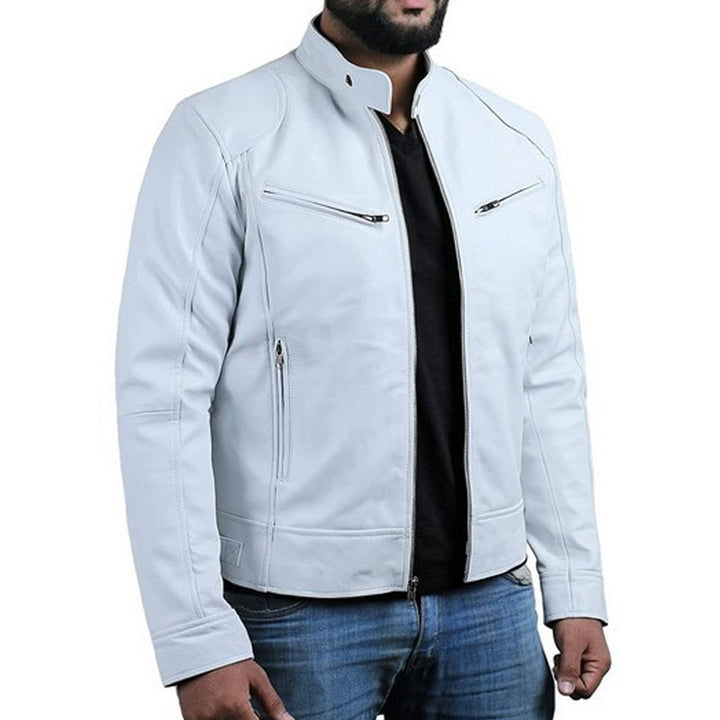 Emanual - Giacca in Pelle Con Colletto Alto e Chiusura a Zip