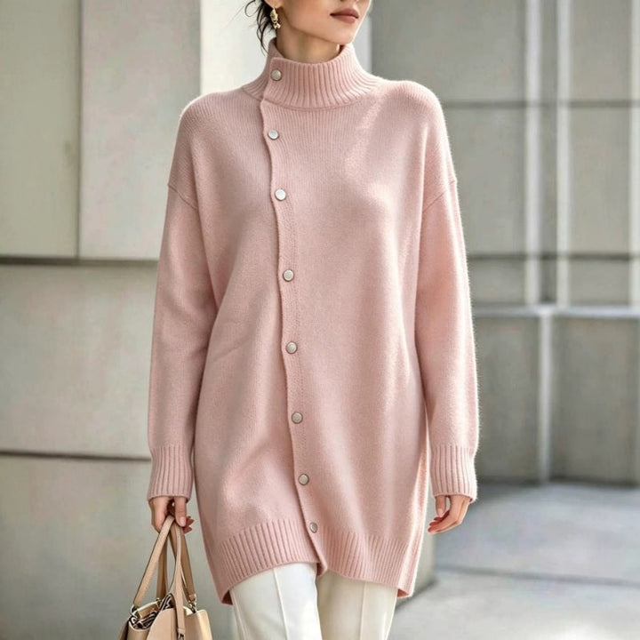 Hiroko - Maglione Lungo in Maglia con Collo Alto e Bottoni