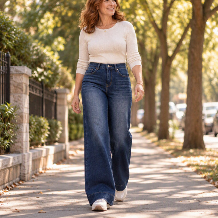 Naryna - Jeans a Gamba Larga e Vita Alta