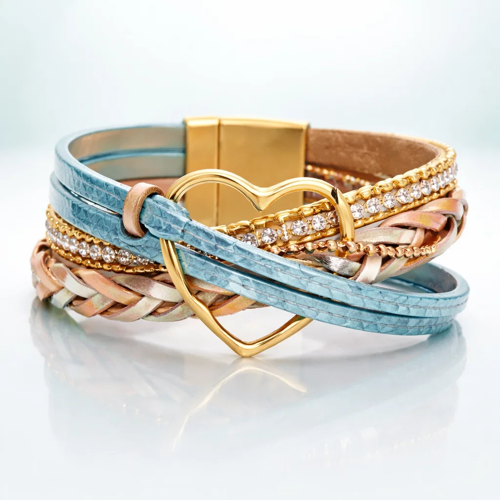 Reyn - Bracciale in Pelle a Strati Con Ciondolo a Forma Di Cuore