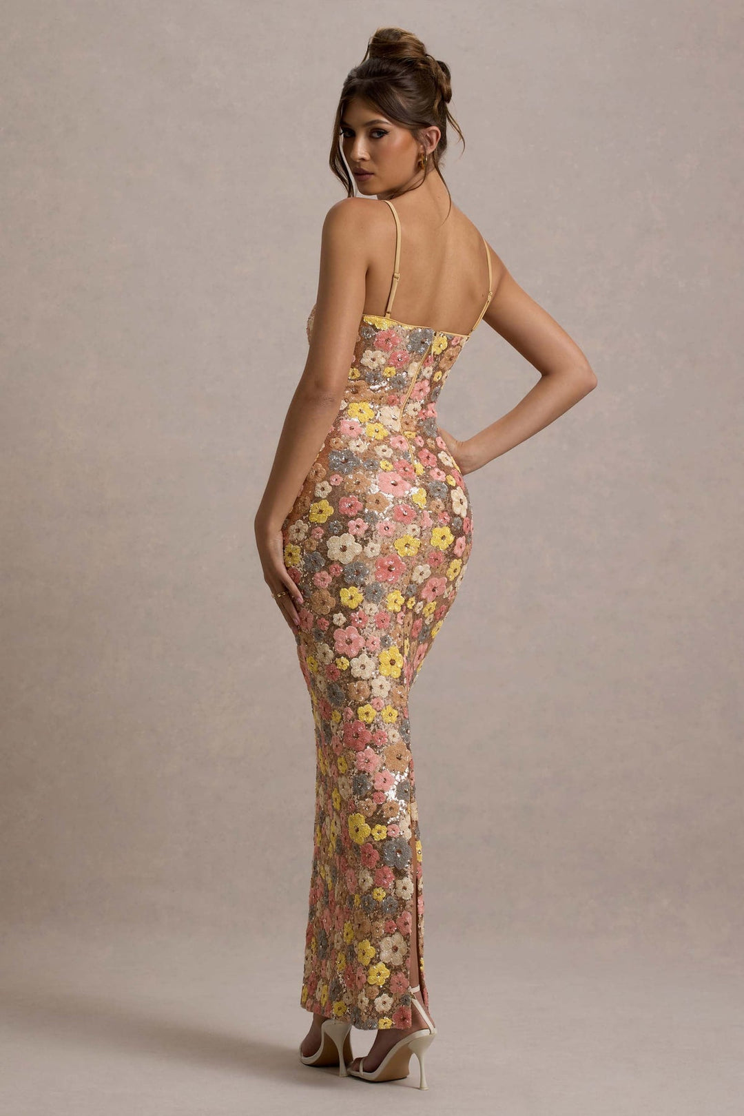 Lolita - Abito Lungo con Spalline sottili e Paillettes Floreali
