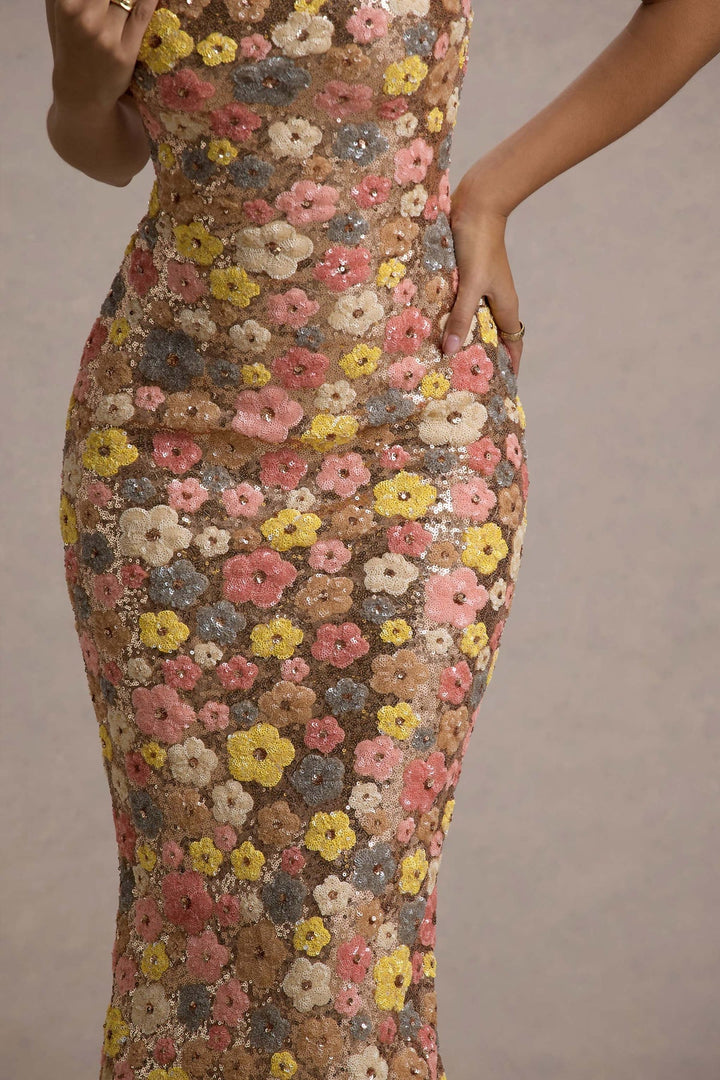 Lolita - Abito Lungo con Spalline sottili e Paillettes Floreali