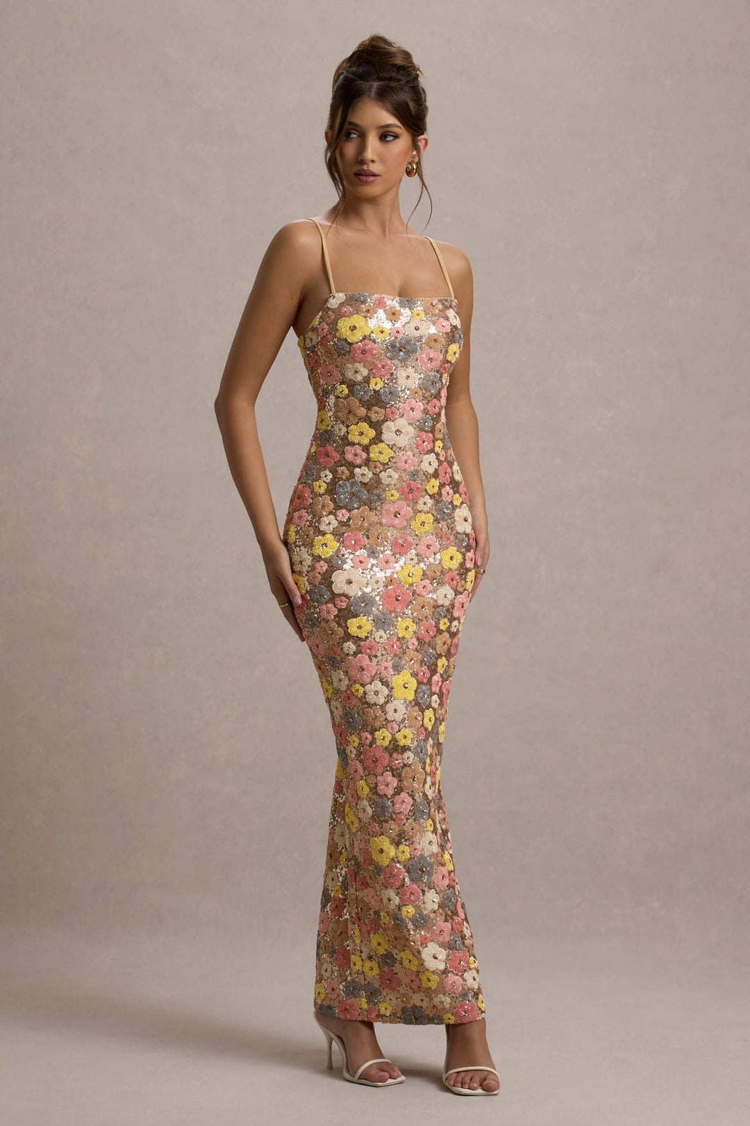 Lolita - Abito Lungo con Spalline sottili e Paillettes Floreali