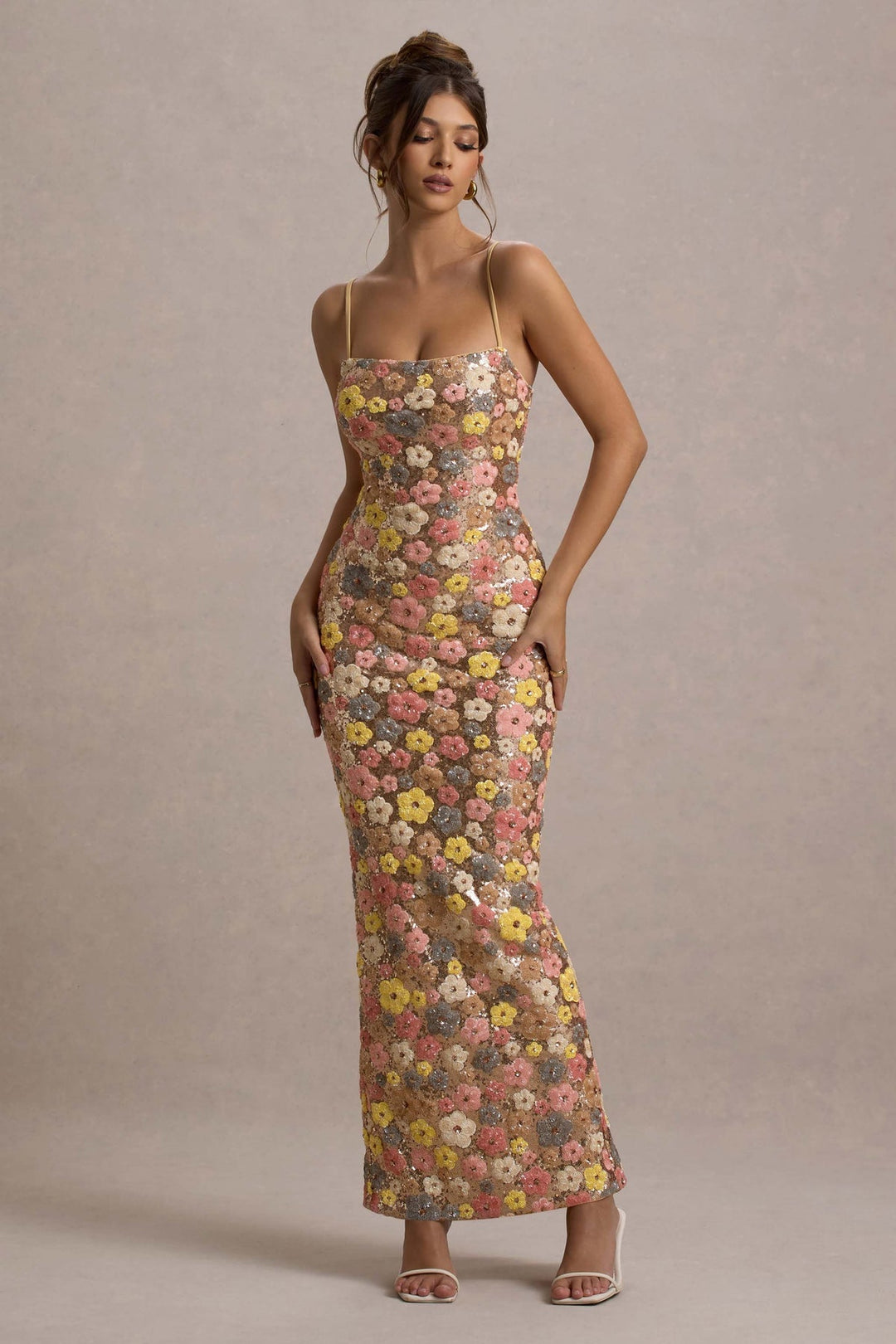 Lolita - Abito Lungo con Spalline sottili e Paillettes Floreali