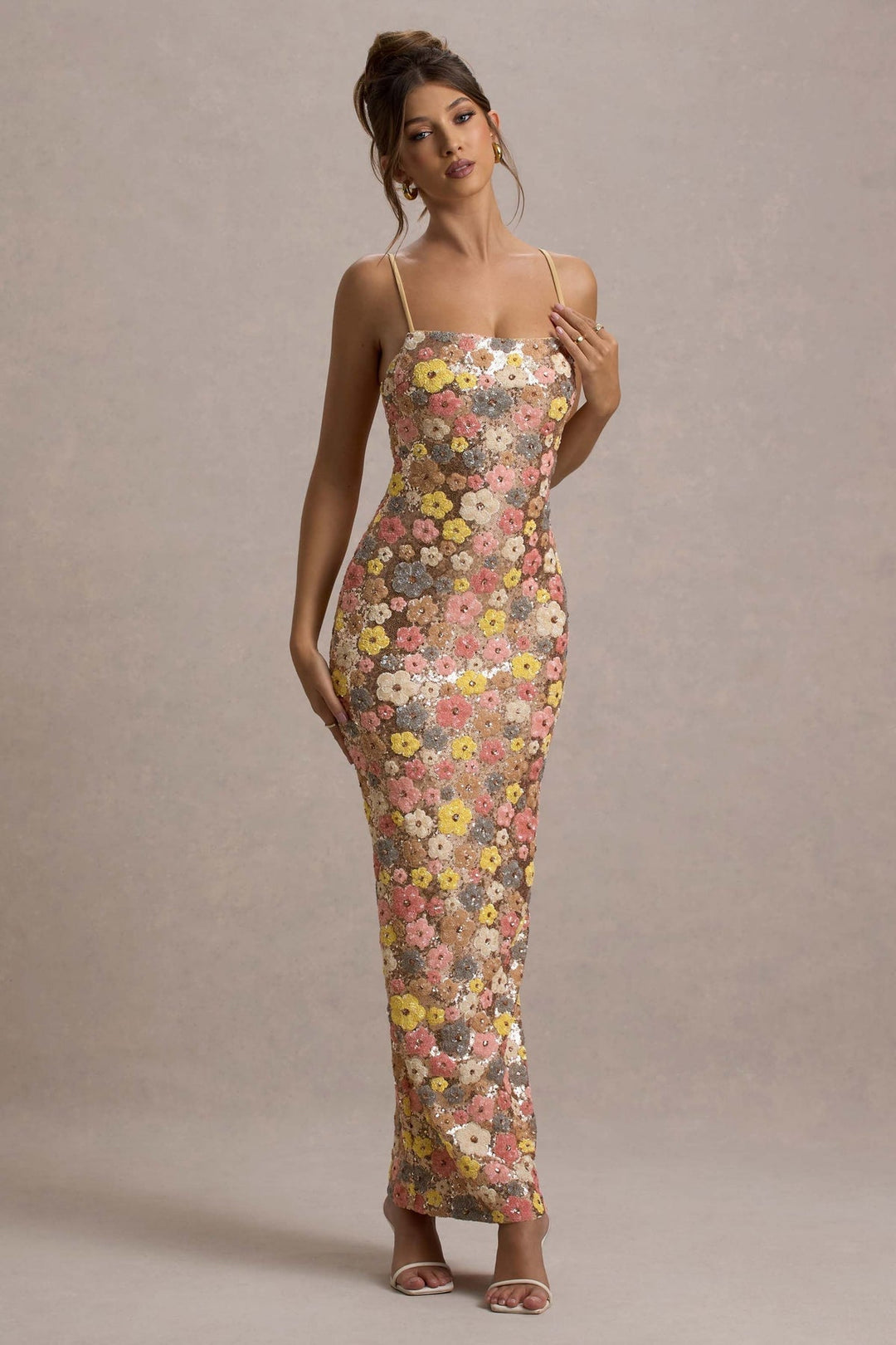 Lolita - Abito Lungo con Spalline sottili e Paillettes Floreali