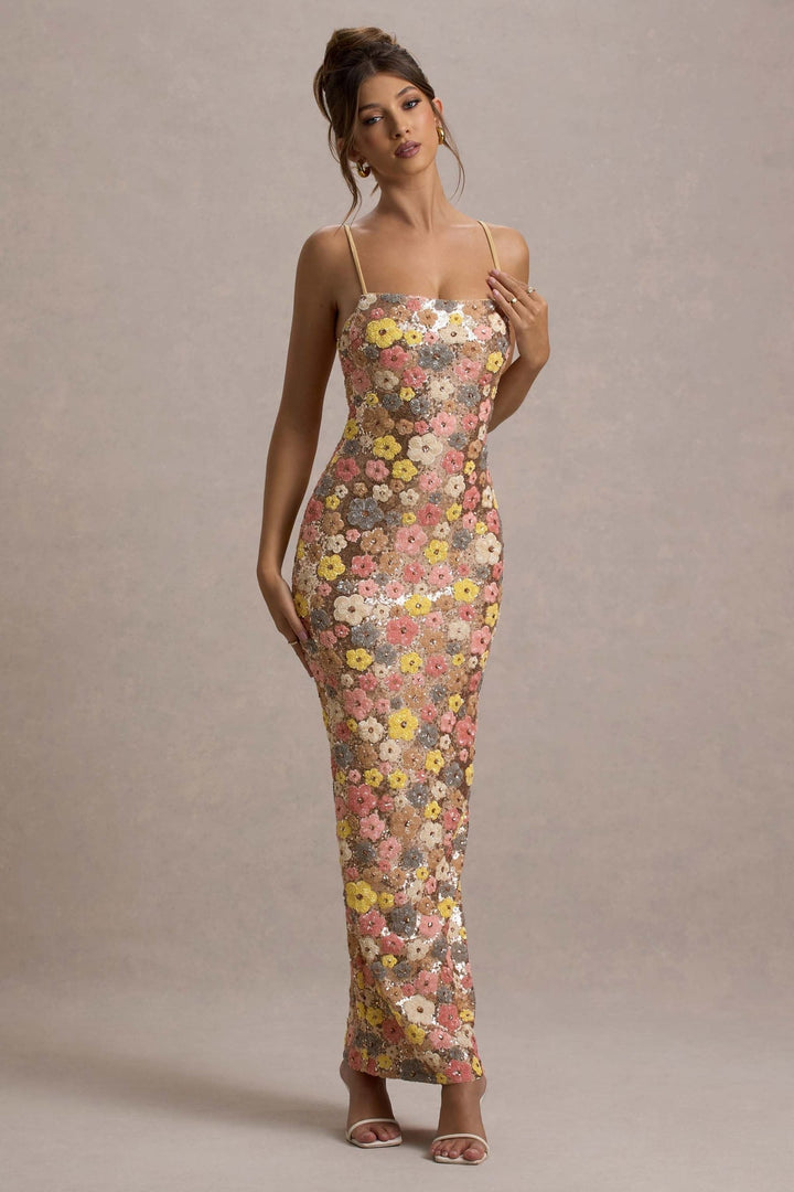 Lolita - Abito Lungo con Spalline sottili e Paillettes Floreali