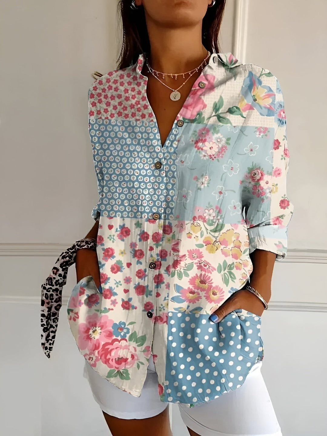 Brenda - Camicetta Casuale Con Fiori e Onde