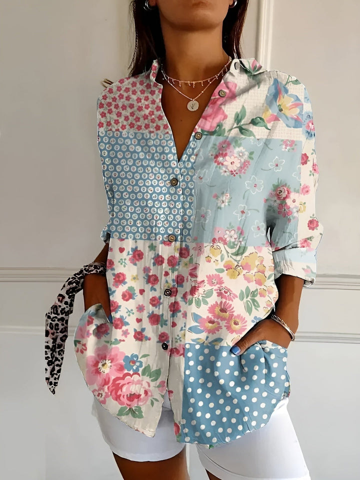 Brenda - Camicetta Casuale Con Fiori e Onde