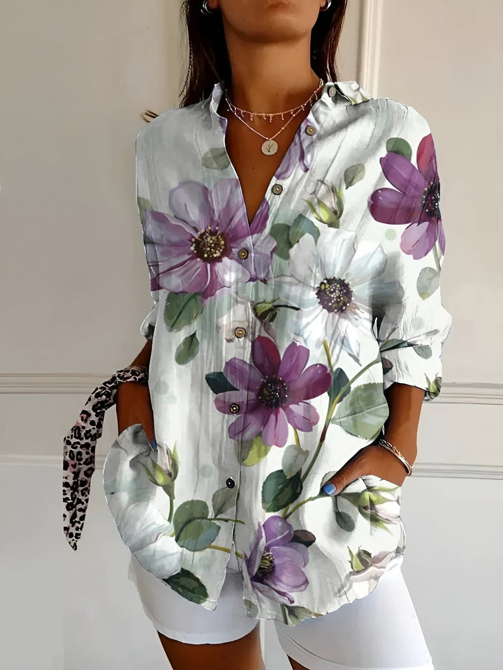 Brenda - Camicetta Casuale Con Fiori e Onde