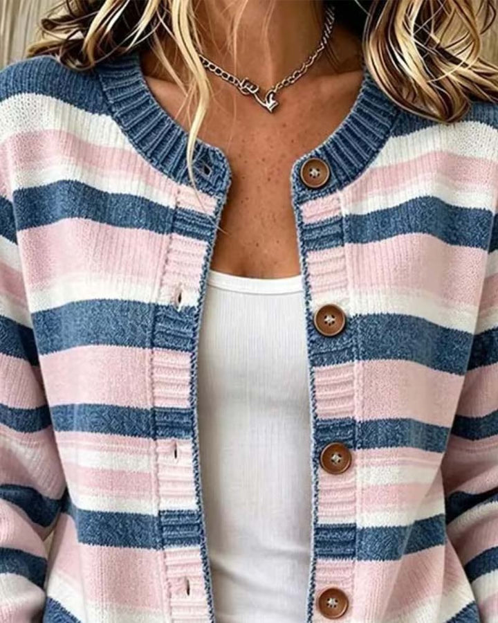 Christelle - Cardigan a Righe Con Collo Rotondo E Chiusura Monopetto