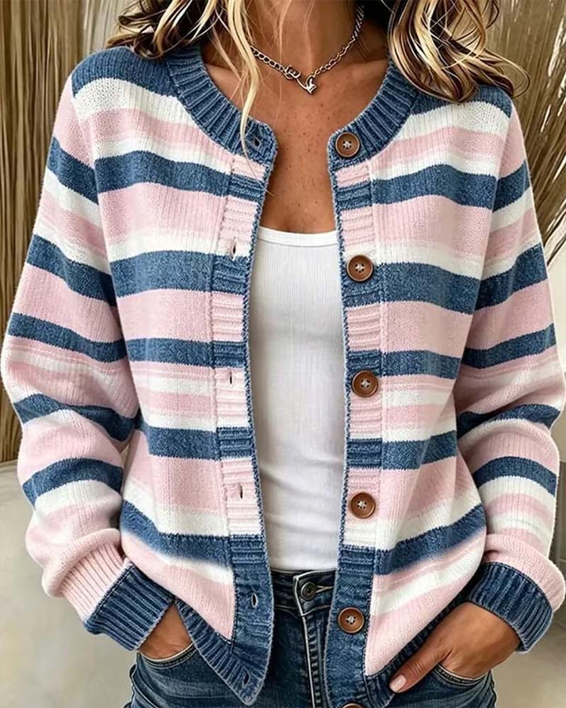 Christelle - Cardigan a Righe Con Collo Rotondo E Chiusura Monopetto